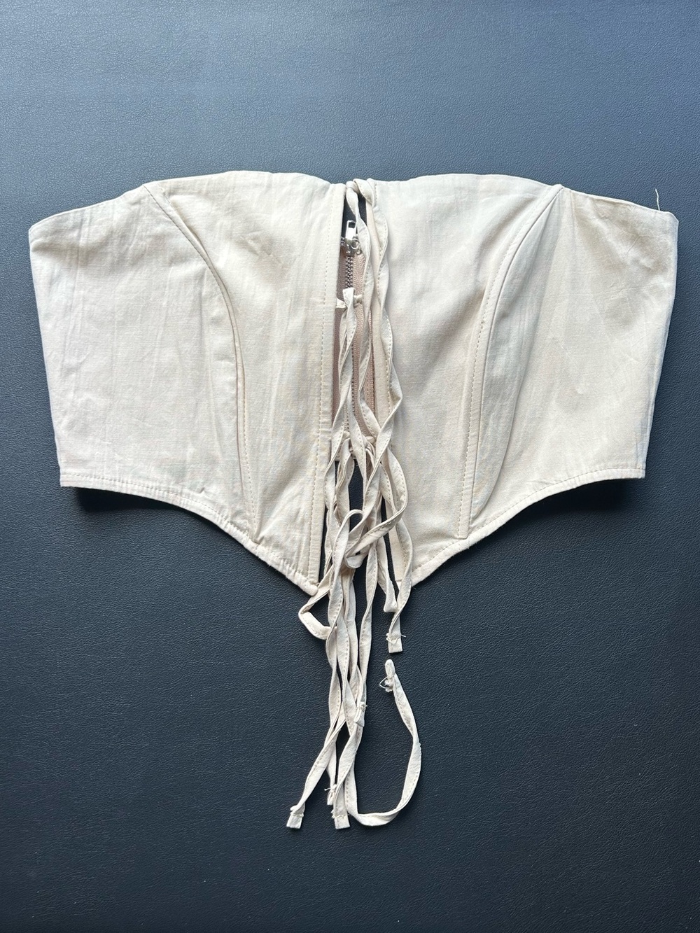 Cream Strapless Corset Crop Top with Lace-Up Front